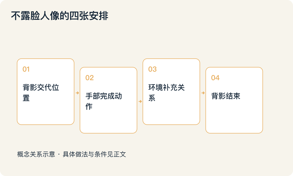 不露脸人像的四张安排：背影交代位置；手部完成动作；环境补充关系；背影结束