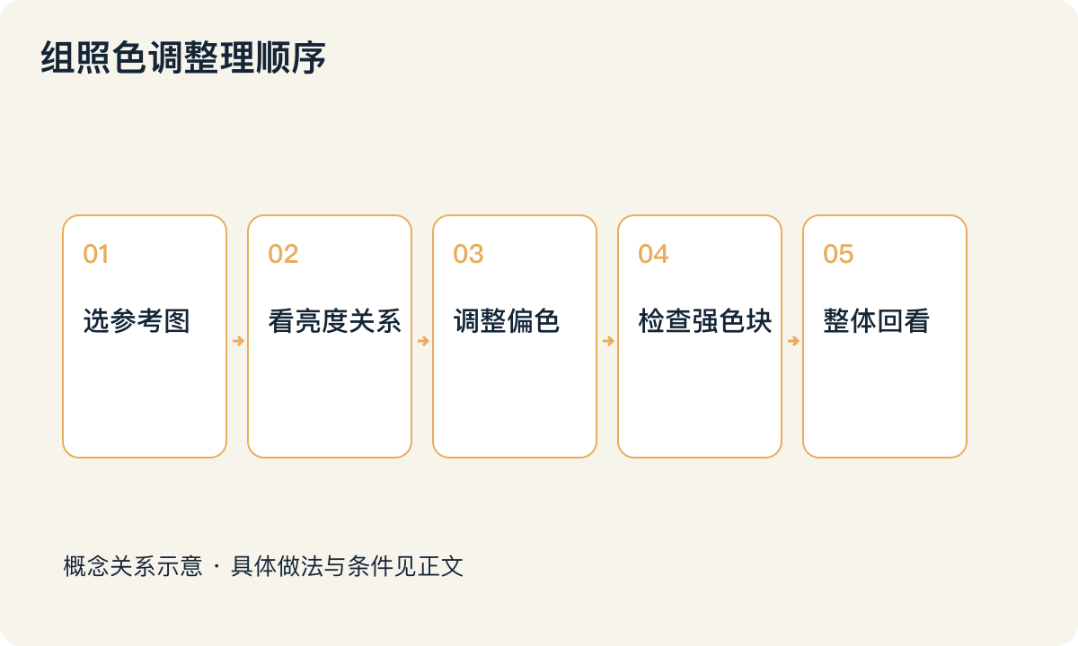 组照色调整理顺序：选参考图；看亮度关系；调整偏色；检查强色块；整体回看