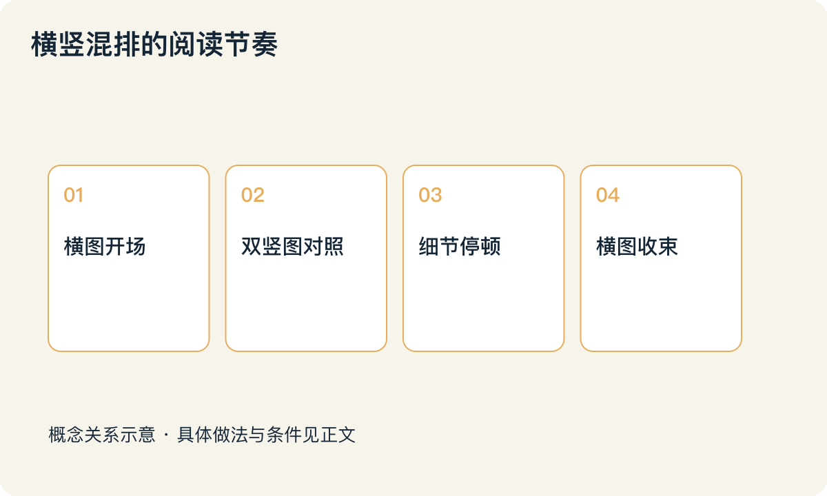 横竖混排的阅读节奏：横图开场；双竖图对照；细节停顿；横图收束