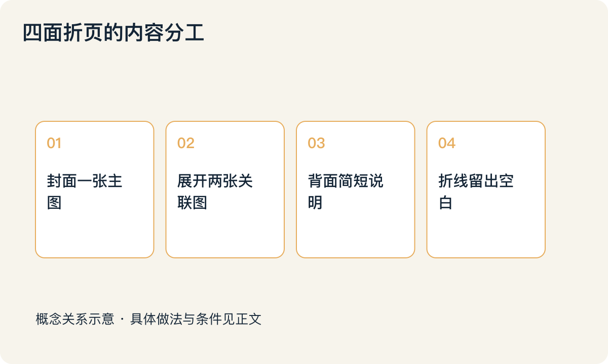 四面折页的内容分工:封面一张主图;展开两张关联图;背面简短说明;折线留出空白