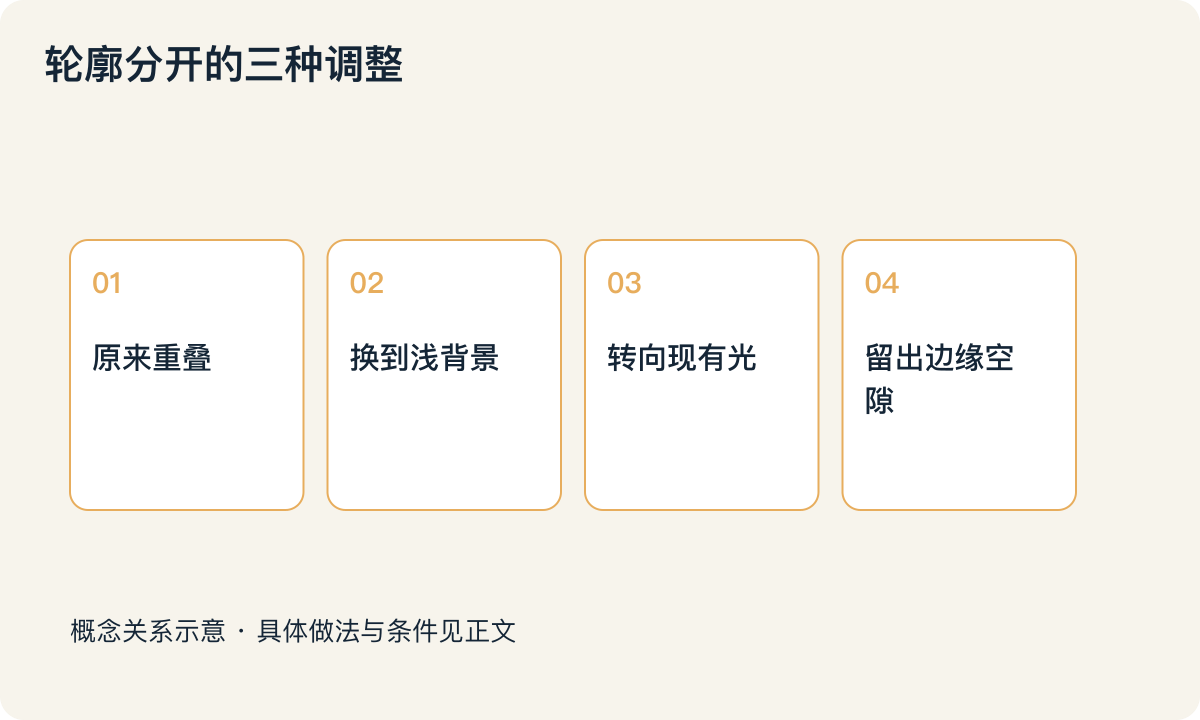 轮廓分开的三种调整：原来重叠；换到浅背景；转向现有光；留出边缘空隙