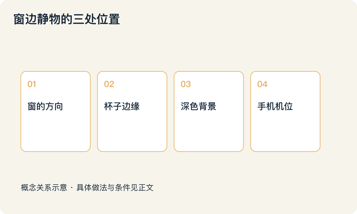 窗边静物的三处位置：窗的方向；杯子边缘；深色背景；手机机位