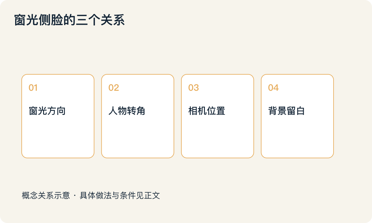 窗光侧脸的三个关系:窗光方向;人物转角;相机位置;背景留白